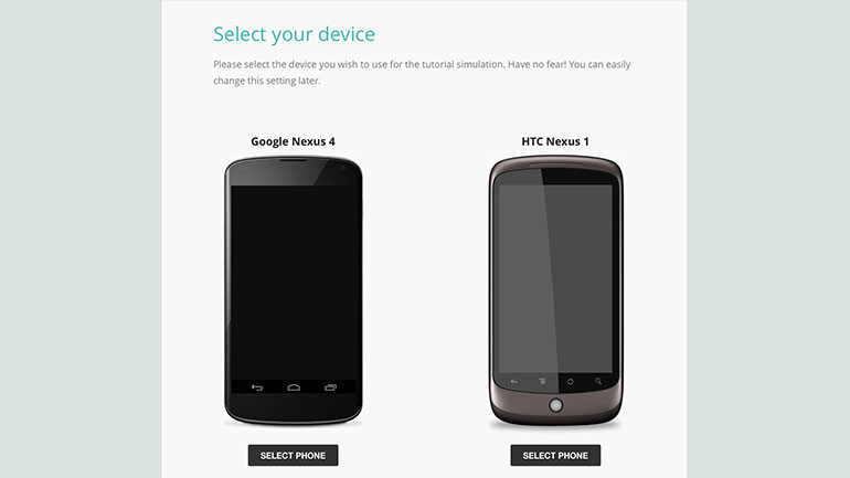 Device Select Screen - users can select a device for the tutorial